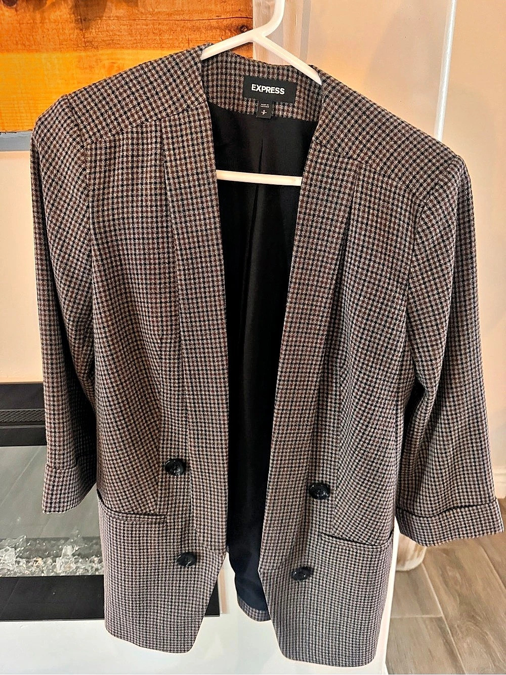 Express Mini Houndstooth Double Breasted Long Slim Blazer Brown & Black Medium